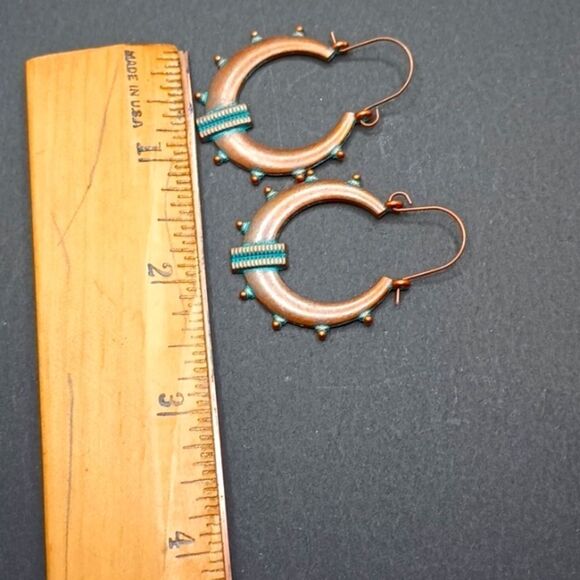 bronze tribal hoop earrings copper turquoise - Picture 3 of 3